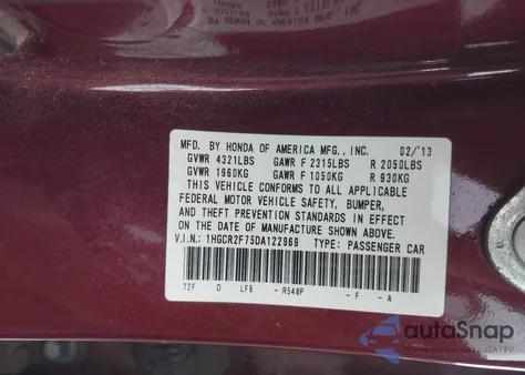 2013 Honda Accord Ex z USA, uszkodzony, nr VIN 1HGCR2F75DA122969